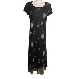 VTG Jessica Howard Black Floral Short Sleeve Floor Length Dress Women's Size 10